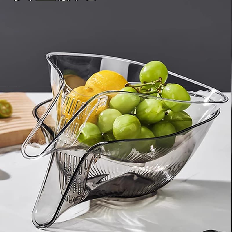 Tigela de Limpeza de Frutas Transparente - Filtrante Portátil, Separação Seco/Úmido