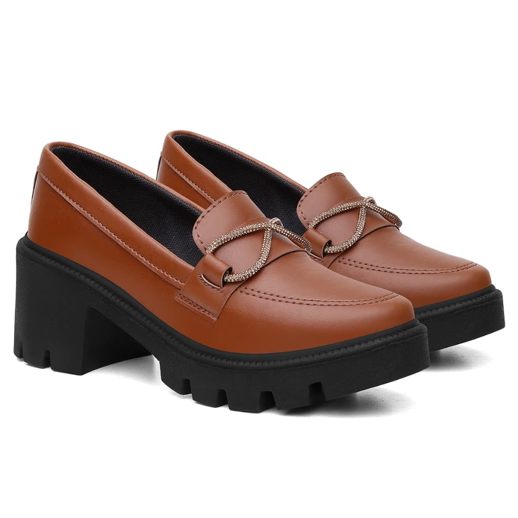 Mocassim Salto Medio Confort Tratorado Brilho Diversas Cores Estilo Oxford Caramelo Preto Creme 34 ao 42