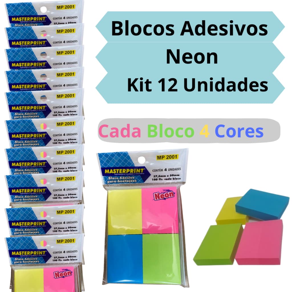 Kit 12 Pacotes de Blocos Adesivo Neon Para Anotações Com 4 Cores Cada Pacote Masterprint