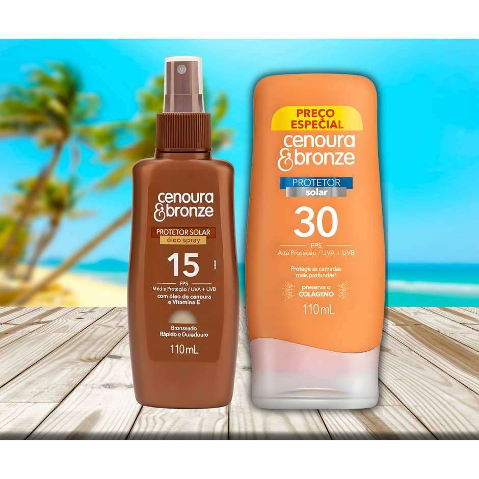 Kit Protetor Solar FPS 30 110 ml + Óleo Bronzeador FPS 15 110 ml Cenoura & Bronze