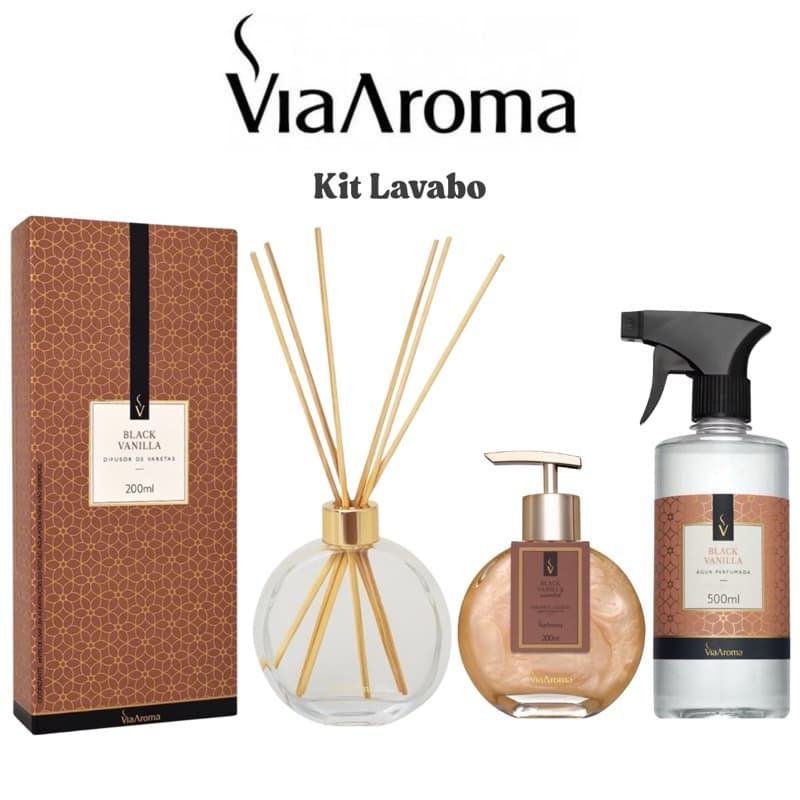 Kit Aromatizador Via Aroma Difusor de Varetas 200ml + Sabonete Líquido 200ml + Água Perfumada 500ml