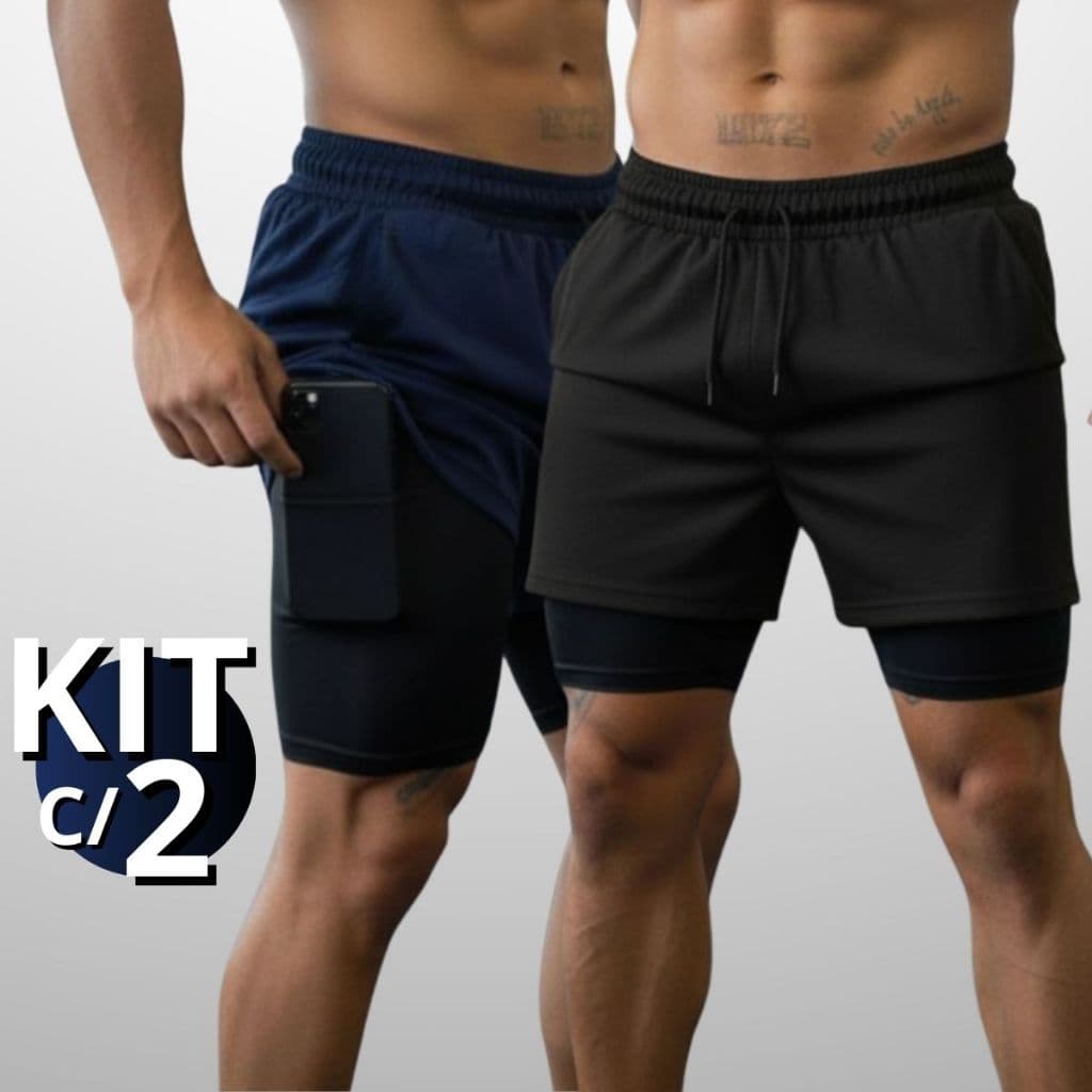 Kit 2 Shorts Masculino 2 Em 1 Dry Fit Crossfit Treino Academia Com Bolso Interno