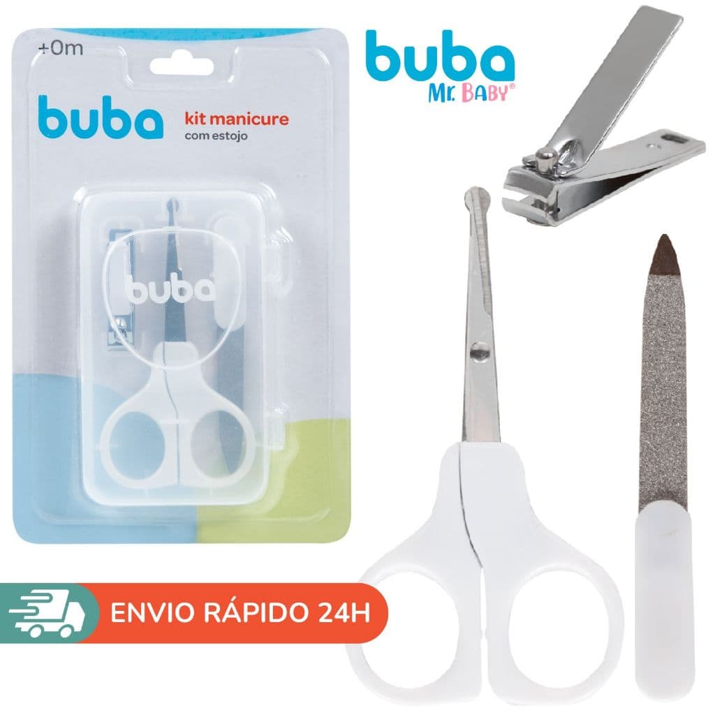 Kit Manicure Bebê com Estojo Tesoura Cortador de Unha Lixa Buba