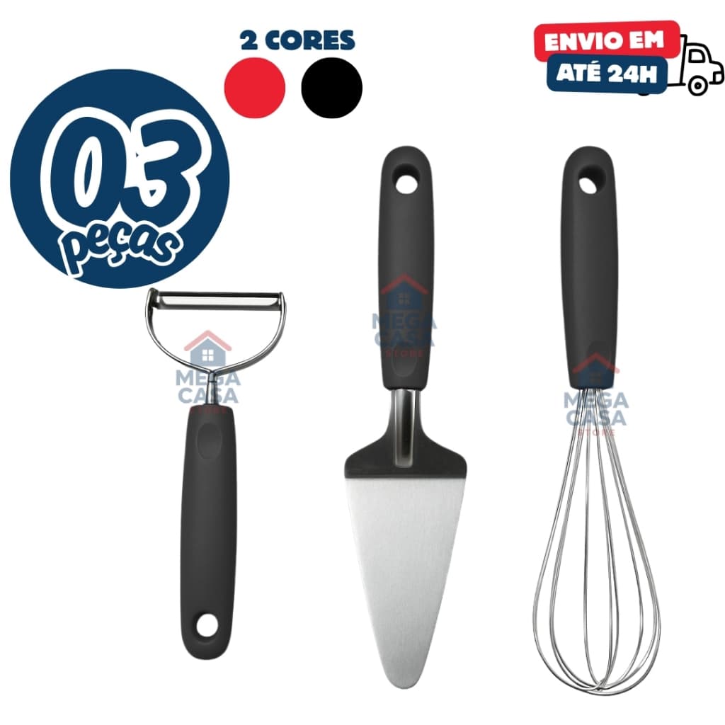 Kit 3 Utensilios Inox Premium Descascador Inox Espatula Bolo e Fouet Fue Batedor de Ovos Linha Black