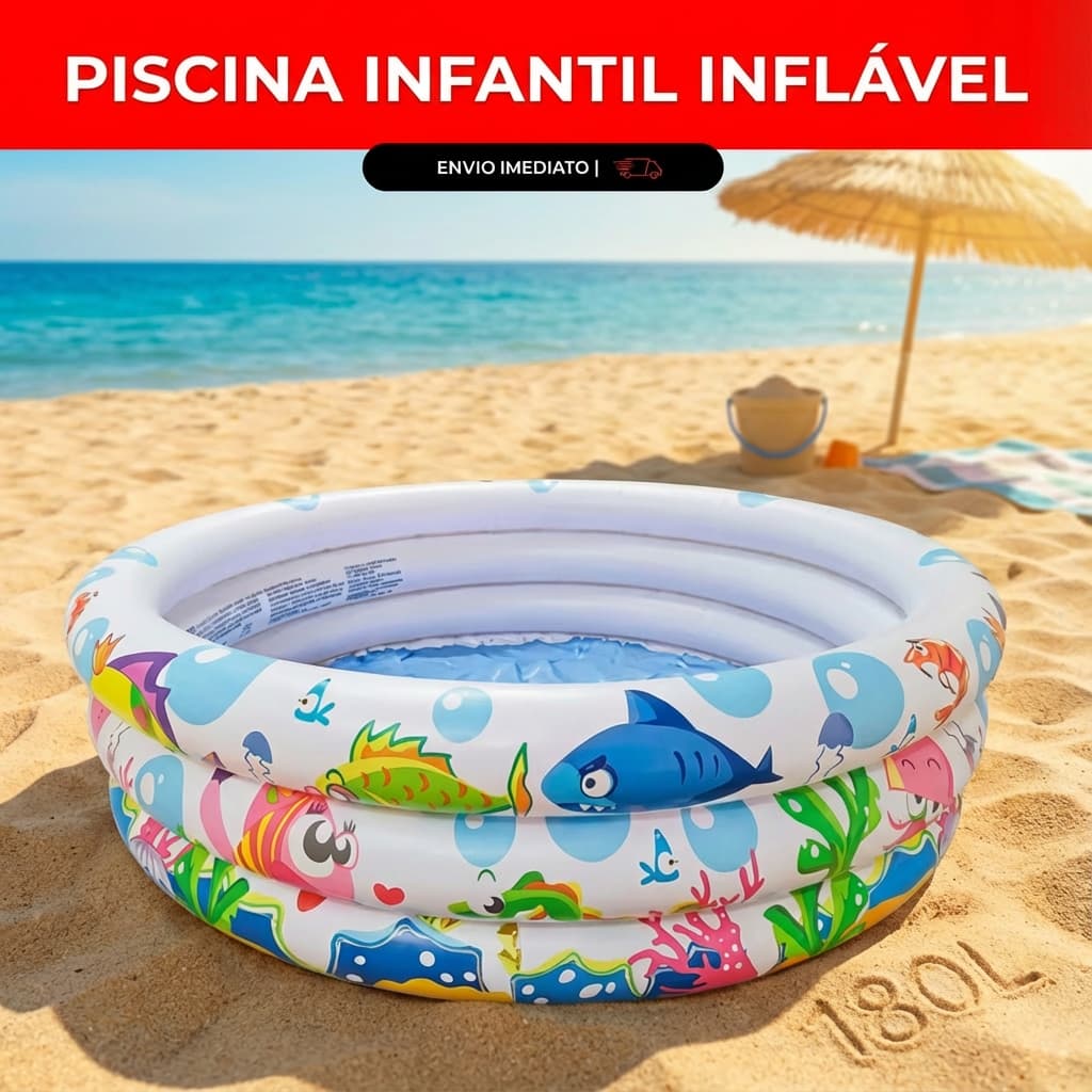 Piscina Infantil 100L/180L Redonda Inflável Àgua e Bolinhas Fundo do Mar