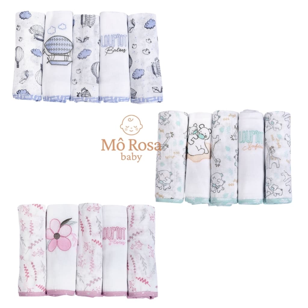 FRALDA DE PANO DE OMBRO P/ BEBE TECIDO DUPLO 100% ALGODÃO KIT C/ 5 UND 70X68CM/MINASREY LOUPIOTTEMAS