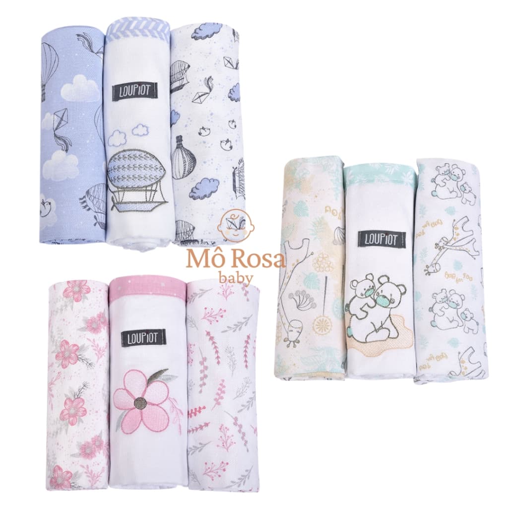 CUEIRO PARA BEBE KIT 3 UND/MANTA FLANELADA /BORDADO E ESTAMPADO/100% ALGODAO/LOUPIOT TEMAS/MINASREY