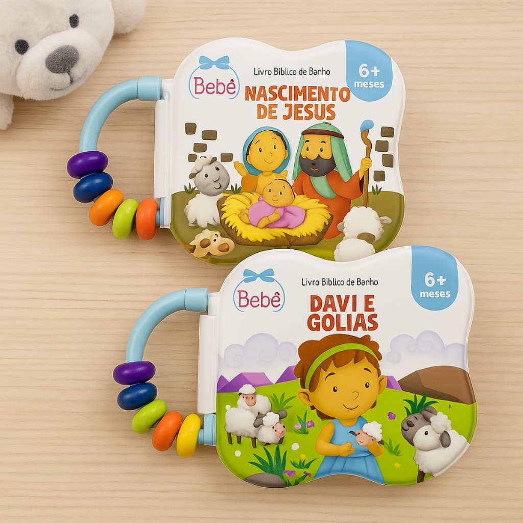 Kit 2 Livro Bíblico Cristão de Banho Com Chocalho História Bíblia Infantil Para Bebê TodoLivro