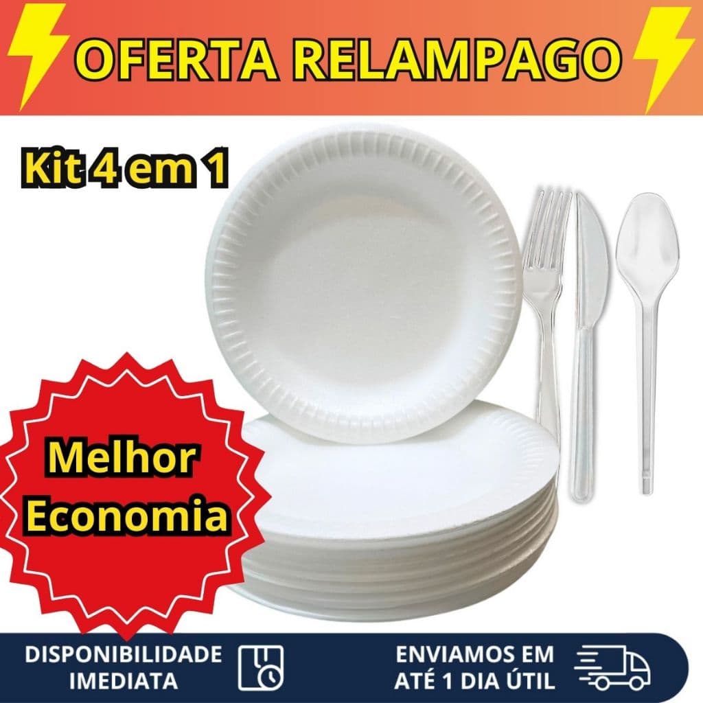Kit Descartável Prato de Isopor + Garfo + Faca + Colher - 25 á 200 unidades
