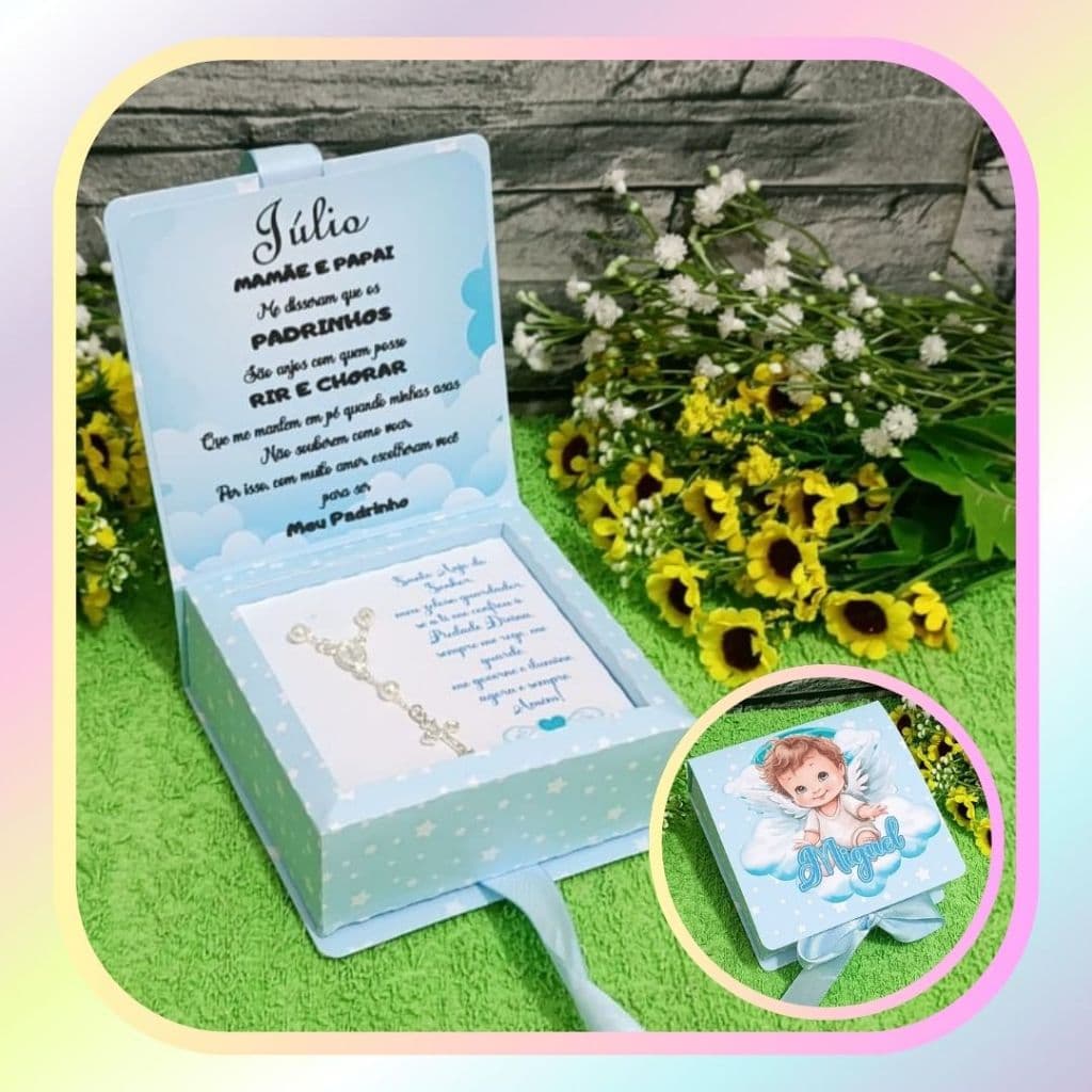 02 Caixas Convite com Mini Terço Anjinho Padrinhos de Apresentação Evangélica, Batismo, Consagração e Toalha