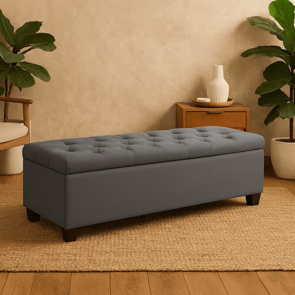 Puff Baú Recamier Cinza Captno e Pés de Madeira Recamier Bau 120cm Organizador Para Seu Quarto