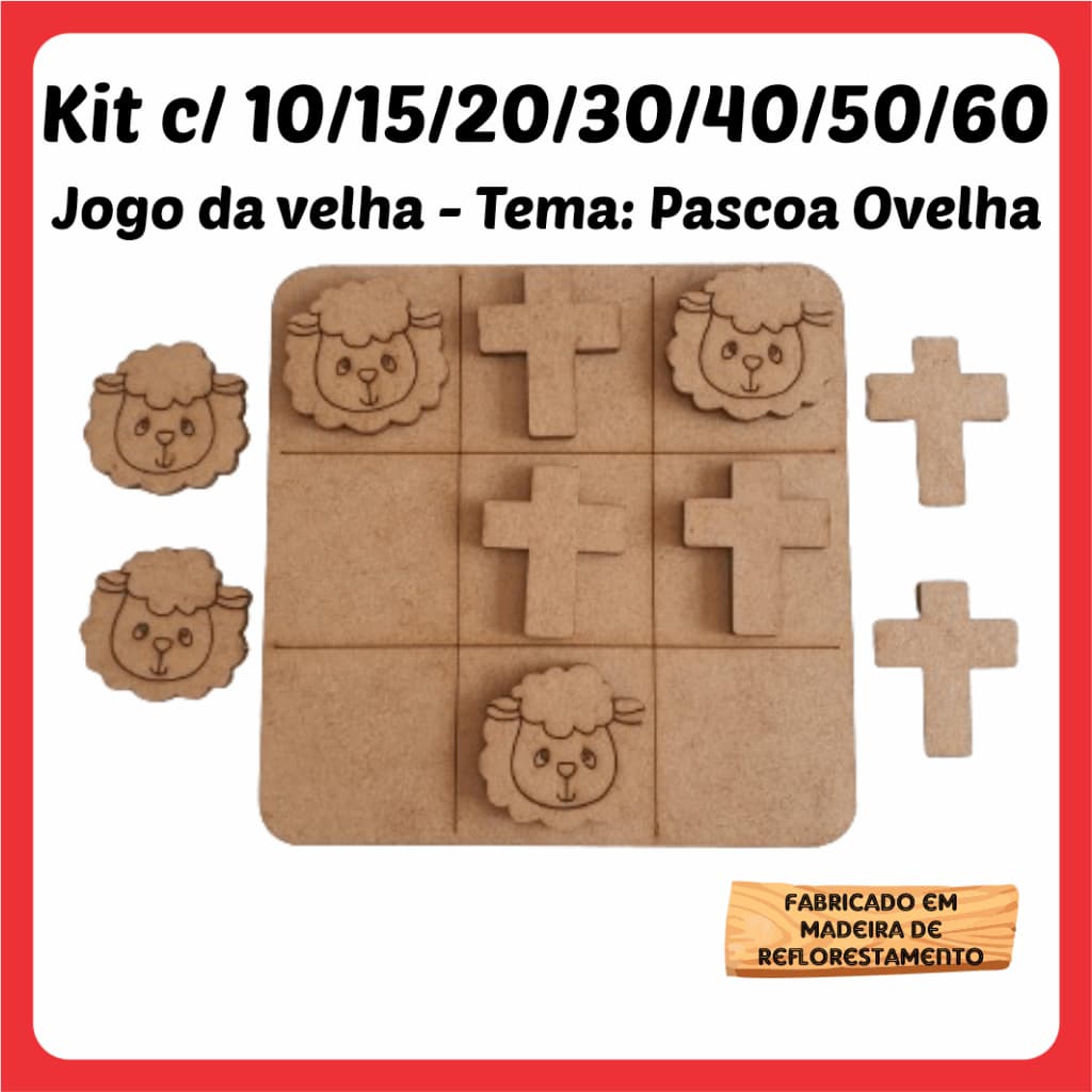 Kits Jogos da velha Ovelha Igreja Cruz Pascoa Jesus Cristo MDF 10cm brinquedo presente lembrancinha