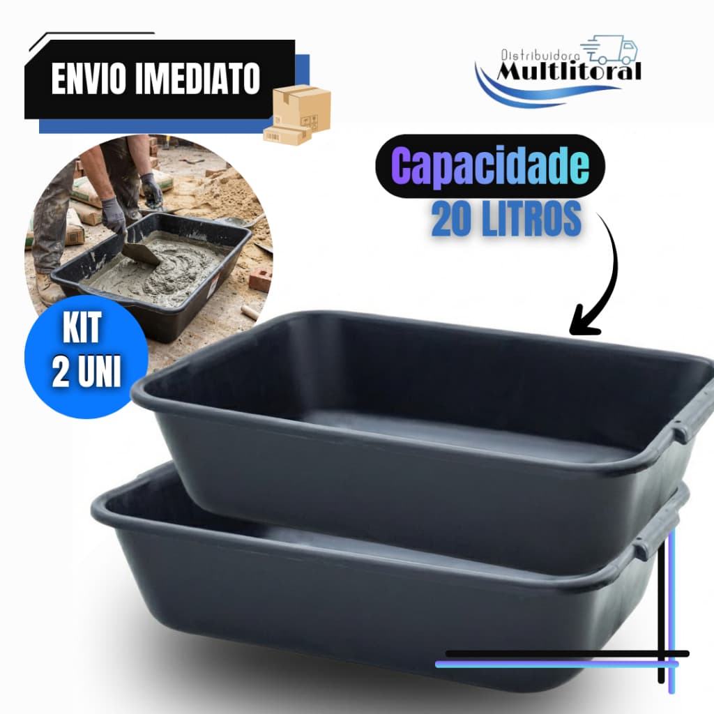 Kit 2 Caixa De Massa Plástica 20L Construção Resistente Lavável Masseira Caçamba Concreto Cimento