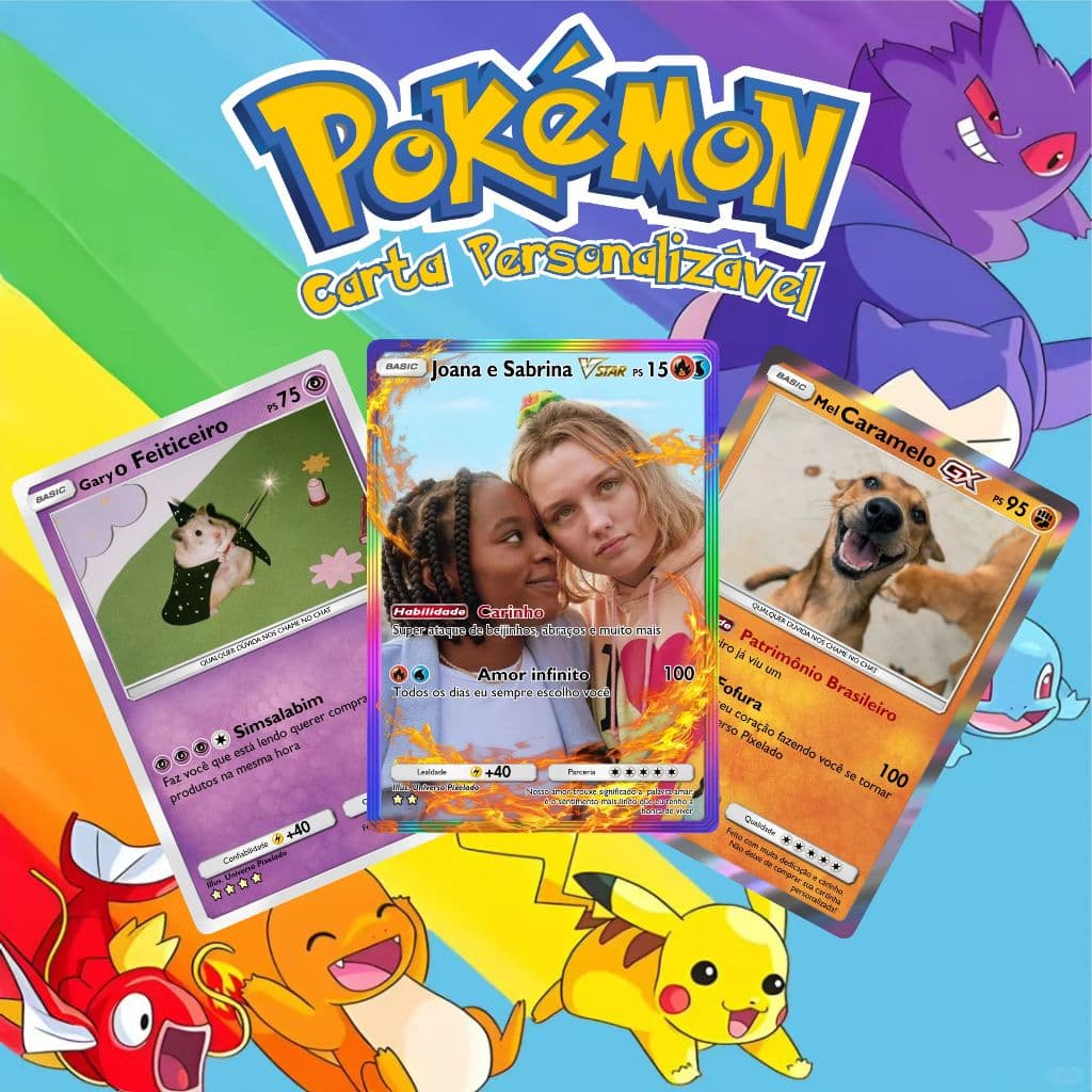 Carta Card Personalizada Estilo Pokémon Casal Pet Cachorro Amizade Namorada Gato Anime Família Foto