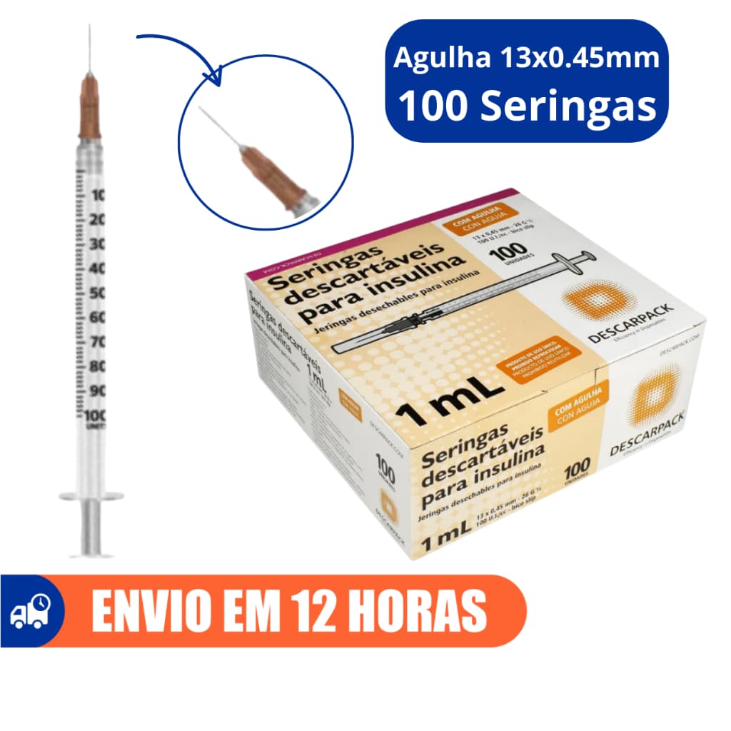 Seringa Descartável de Insulina 1ml 100ui Com Agulha 13x0,45mm 100un Descarpack