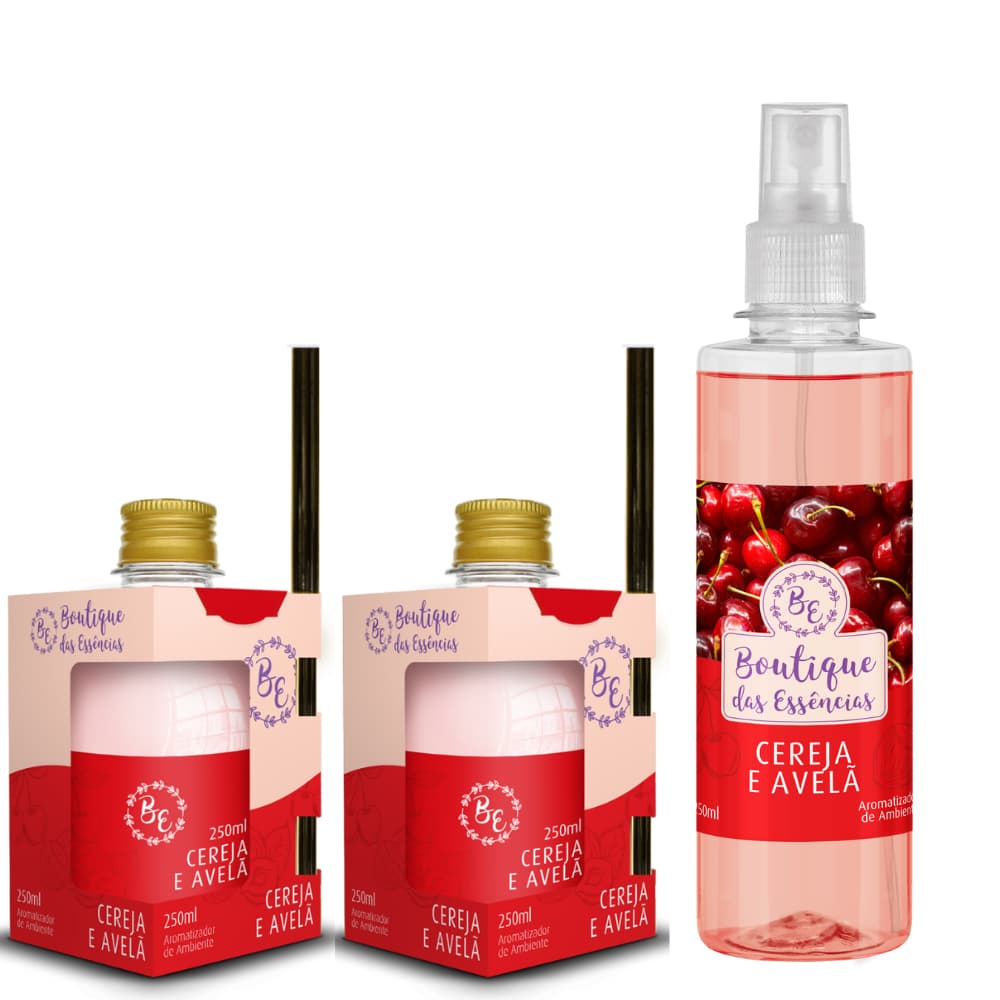 KIT CHEIRINHO CEREJA E AVELÃ - 2 Difusores 250ml com varetas + 1 Spray 250ml