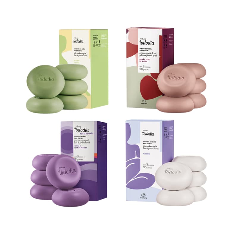 Sabonete Barra Natura Alecrim e Sálvia Romã e Flor de Amora Amora e Flor de Pêssego Algodão 05un 90g