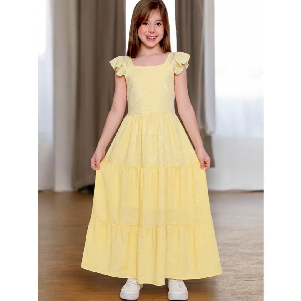 Vestido Longo Juvenil em Tecido Duna com Brilhos Festa Casual Meninas