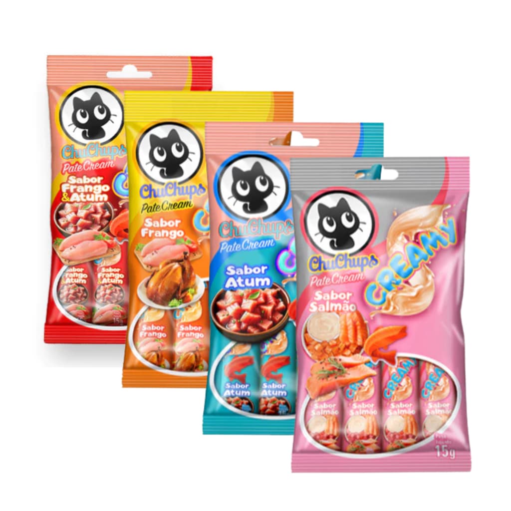 ChuChups Petisco Gatos Pate Cream Pacote com 4 Tubos de 15g Sabores Salmão Frango Atum Original