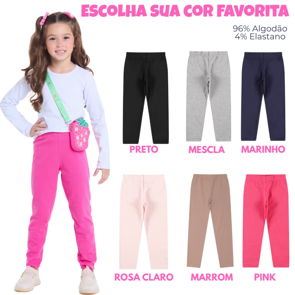 Calça Legging Infantil e Juvenil Menina em Cotton Lisa 2 ao 16 anos - Escolha sua Cor favorita
