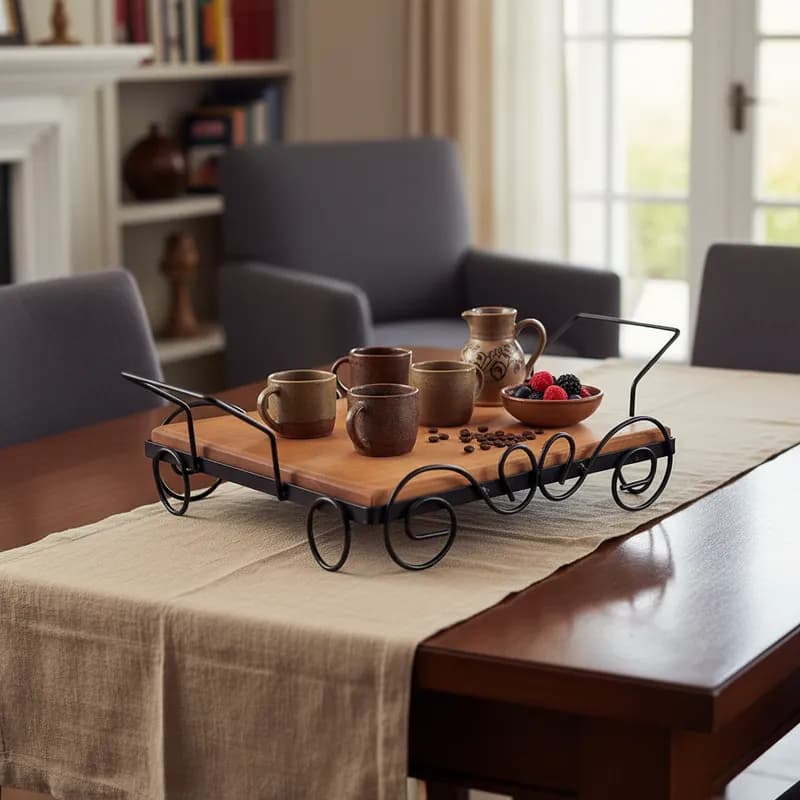 Bandeja Artesanal De Mesa Em Ferro E Madeira Retangular Rústica