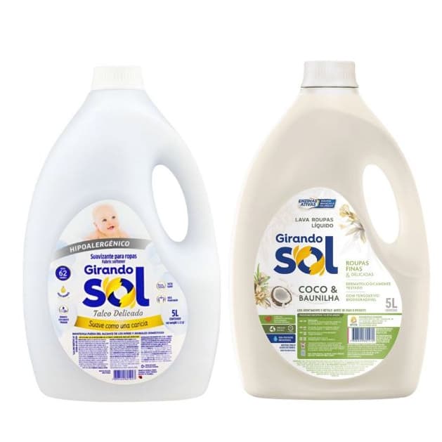 Sabão Líquido Lava Roupas 5l Coco e Baunulha - Amaciante 5l Hipoalergênico Girando Sol Unidade e Kit