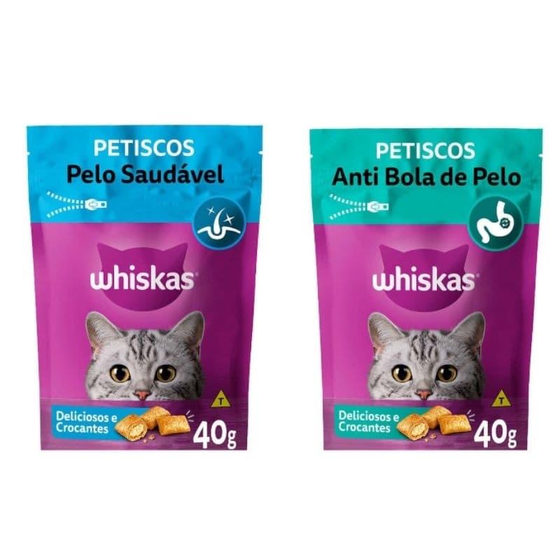 WHISKAS TEMPTATIONS ANTI BOLA DE PELO OU PELO SAUDAVEL 40G Kit 08 ou 10 und
