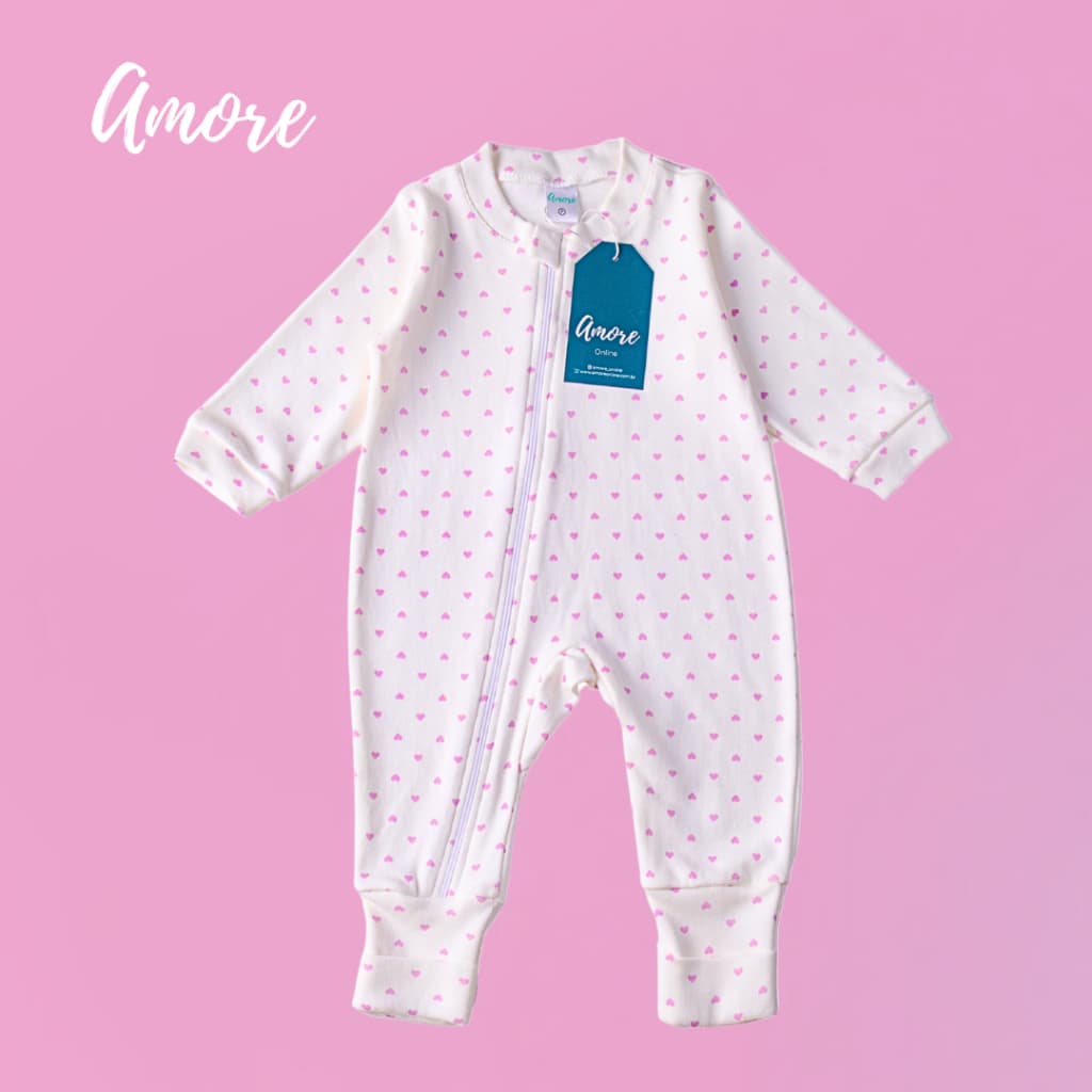 Macacão de Bebê Vira Pé com Zíper e Protetor Coração 100% Algodão
