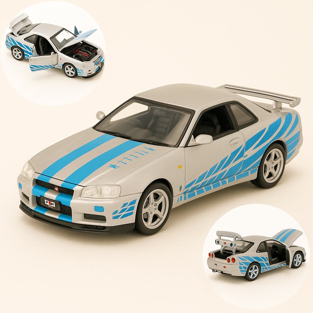 Miniatura Nissan Skyline GT-r R34 Velozes e Furiosos Brian 1:32 Luz Som Fricção Azul Cinza