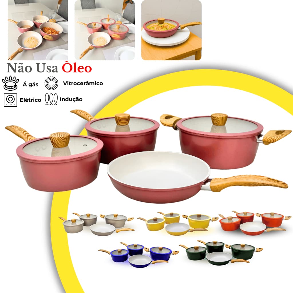 Jogo de Panelas 7 Peças Cerâmica Antiaderente Premium Conjunto Fogão Cooktop Indução Gás Elétrico