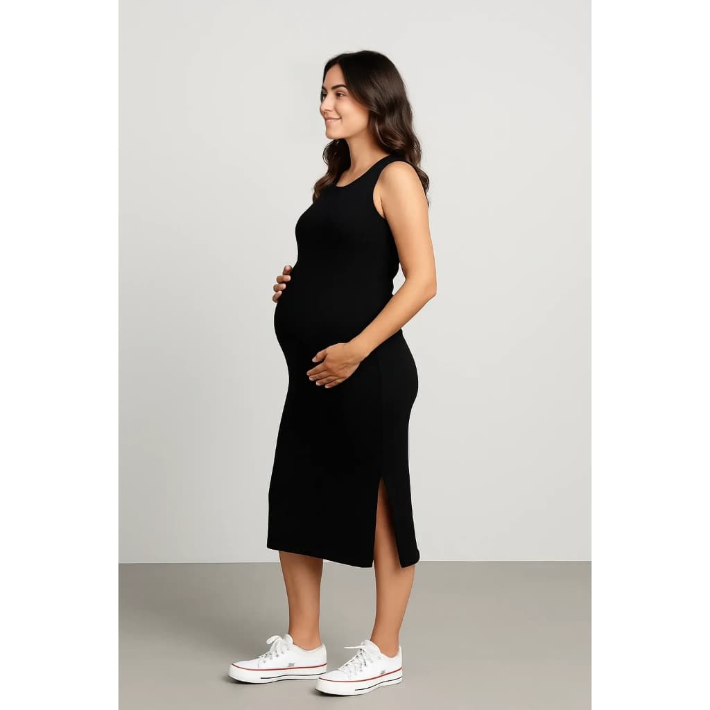 Vestido Gestante Canelado Midi Com Fenda Grávida