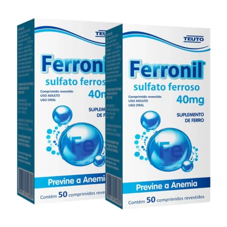 Kit 2 Ferronil Sulfato Ferroso Fonte de Ferro 40mg 50 comprimidos Teuto