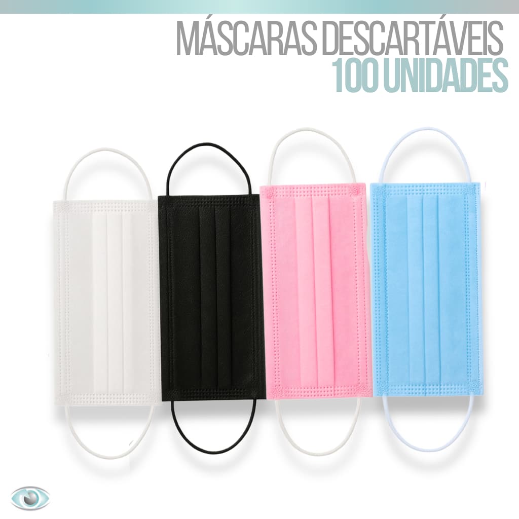 100 Máscara Descartável Branca, Preta, Azul ou Rosa Tripla Camada Com Clipe Nasal - Cores