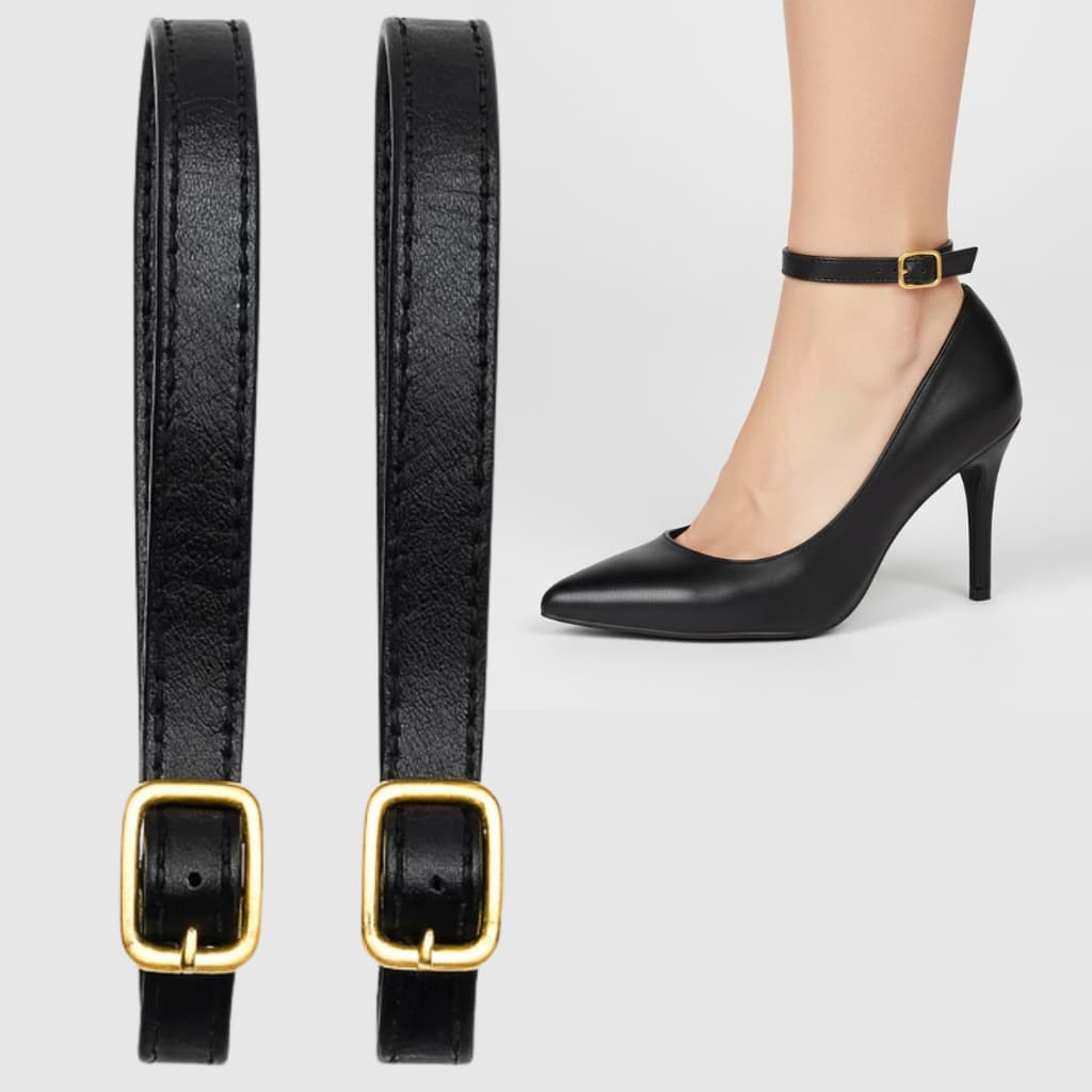 Par De Tornozeleira Para Sandalia Rasteira Scarpin Ajustavel Fivela Banhada Ouro Par Preto Fosco Verniz Nude Caramelo