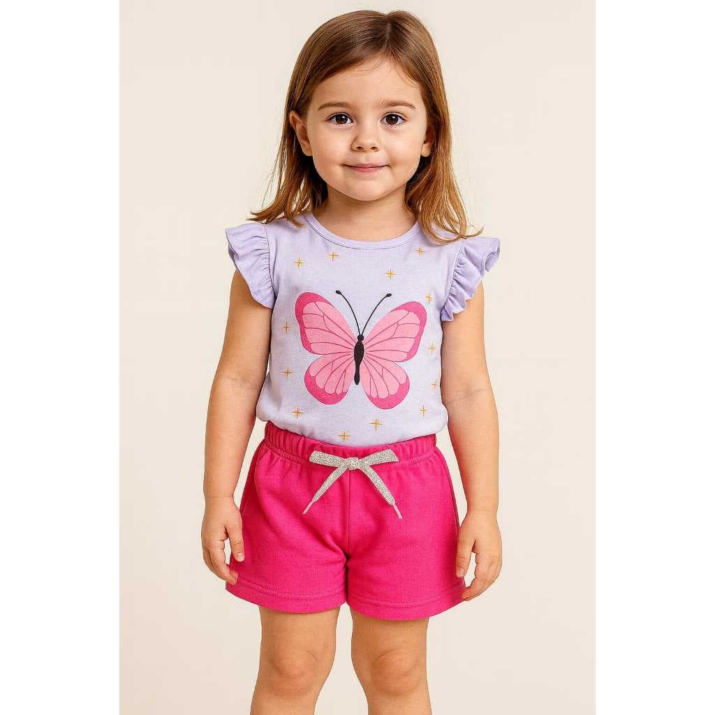 Conjunto verão menina infantil.Blusa+bermuda com cadarço com brilho