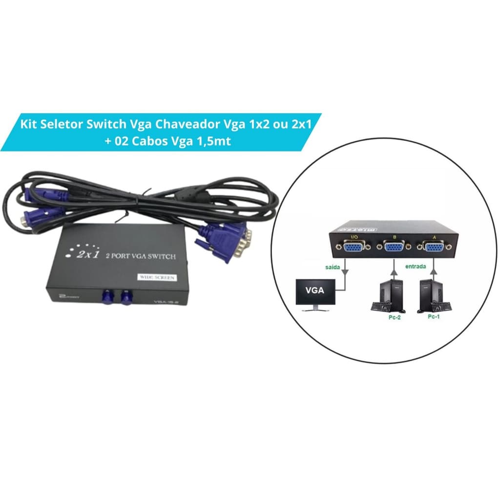Kit Seletor Switch Vga Chaveador Vga 1x2 ou  2x1 + 02 Cabos Vga 1,5mt