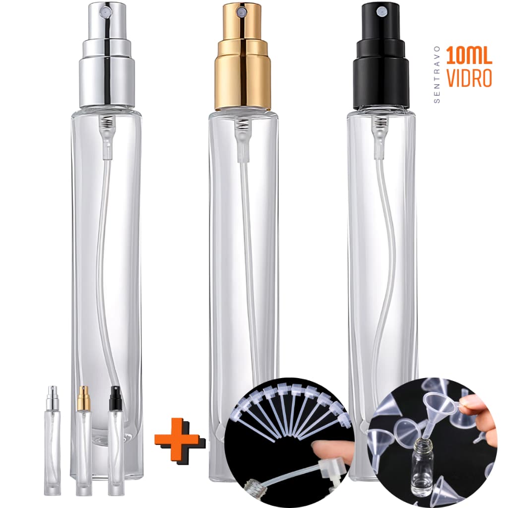 Porta Perfume 3X 10ml Vidro Spray Funil e Bico de Transferência Mini Frasco Recarregável Portátil Viagem Bolsa