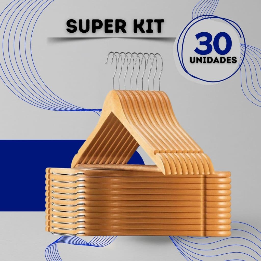 Kit Cabide De Madeira Marfim Para Roupas Calça Gancho Cromado