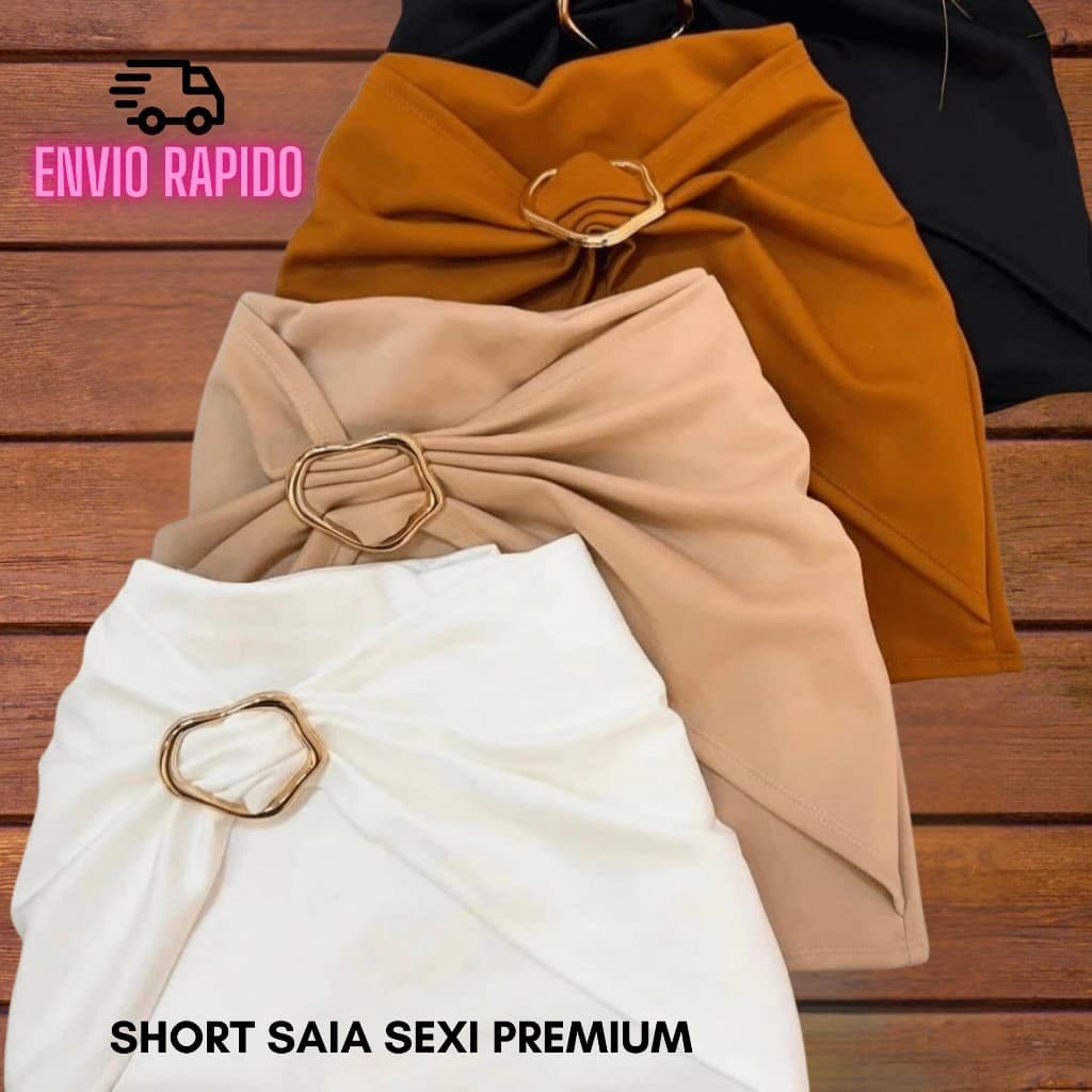 Short Saia Feminino Premium Cintura Alta, Moda Elegante Neoprene Elastano e Fivela Dourada