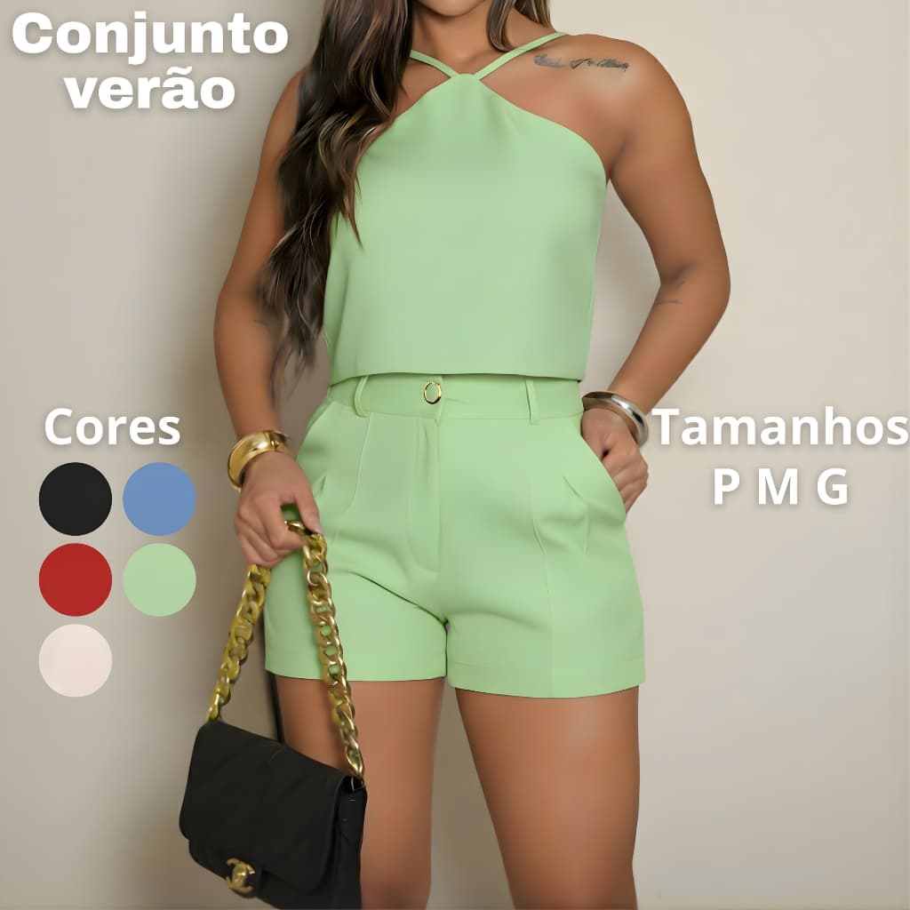 Conjunto Feminino Social Cropped e Short Alfaiataria Elegante Verão