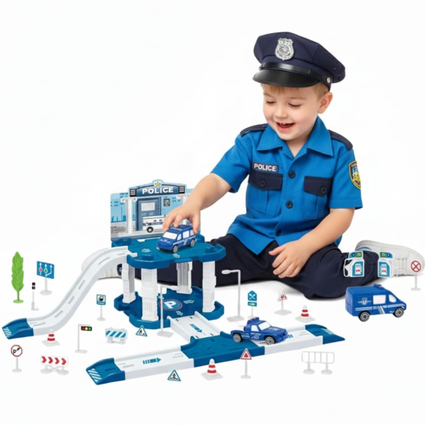 Pista de Carrinhos Monta Monta Policia Construção Bombeiro Peças Brinquedo Infantil com Carrinho