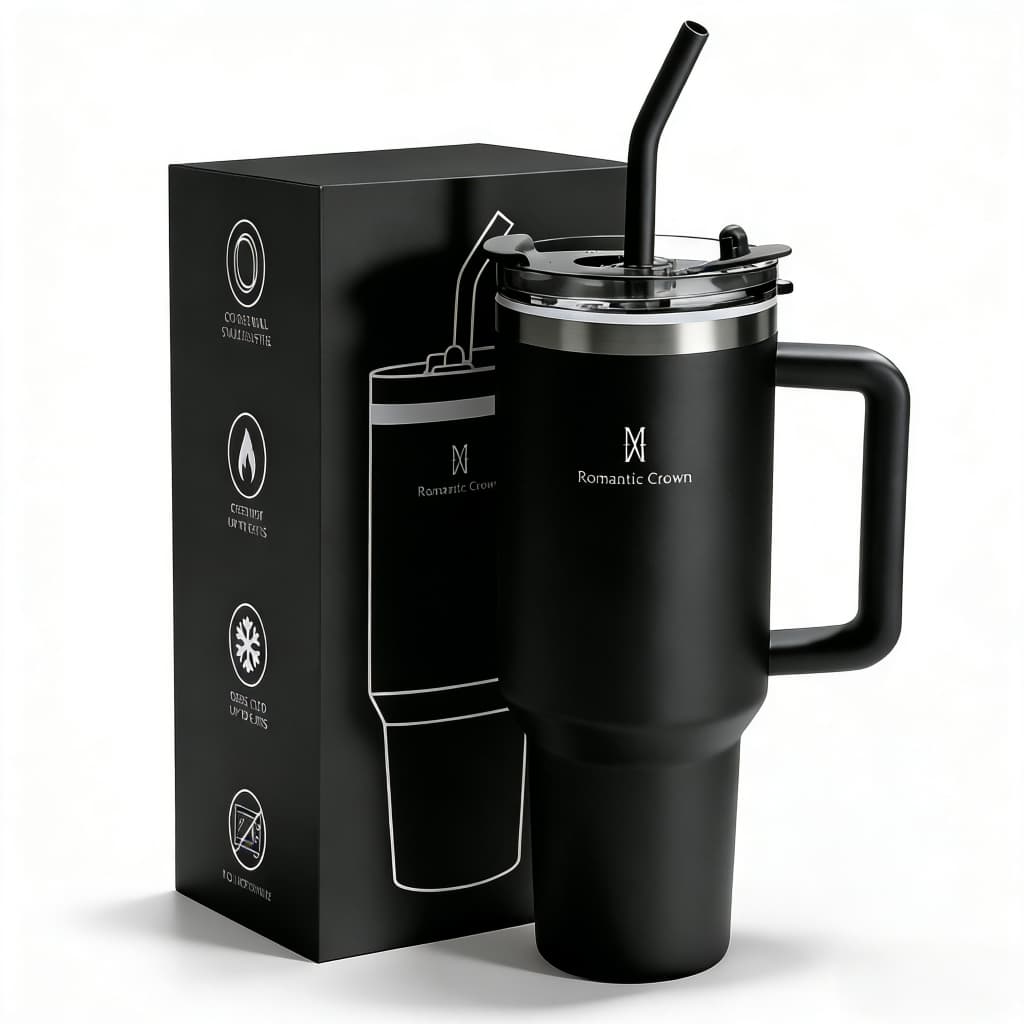 ROMANTIC CROWN Copo Térmico Inox Portátil 1200ml/600ml com Tampa e Canudo Garrafa Térmica Inoxidável