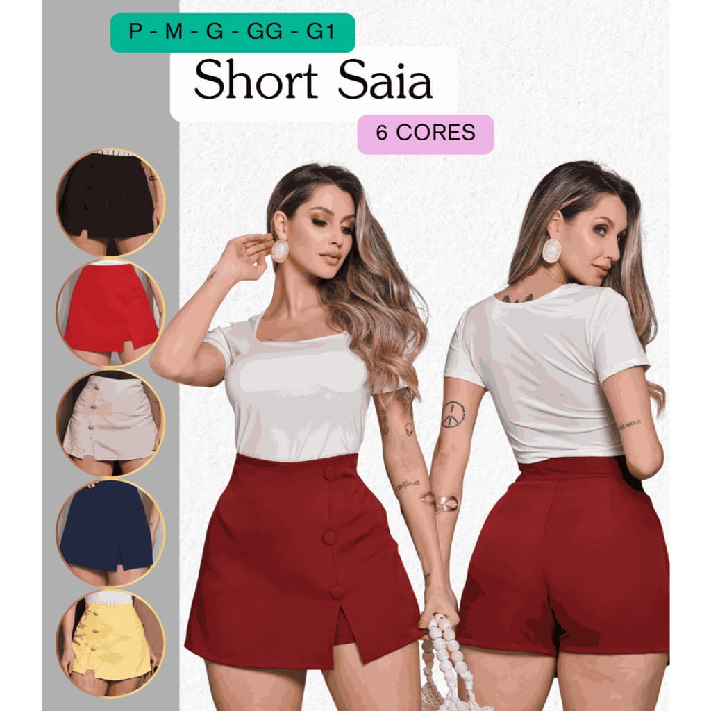 Short Saia Social Alfaiataria Cintura Alta Liso Casual com 3 Botões