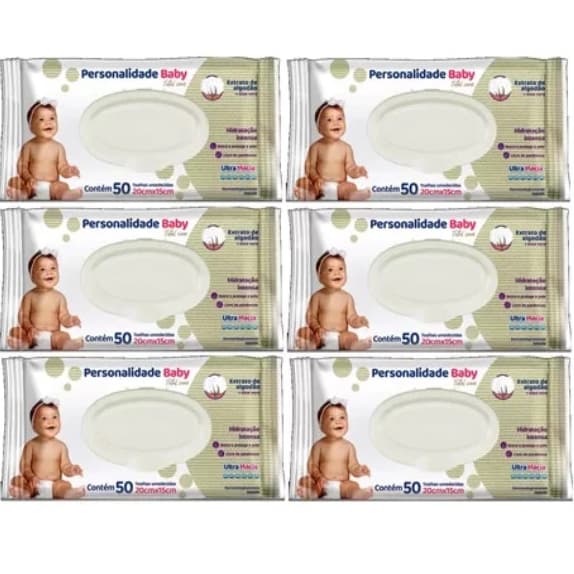 Kit 6 Pacotes Toalhas Umedecidas Lenço Bebê Personalidade Baby  6 Pacotes C/50un