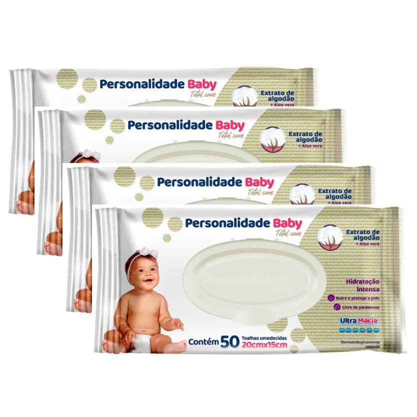 Kit 4 Pacotes Toalhas Umedecidas Lenço Bebê Personalidade Baby  4 Pacotes C/50un
