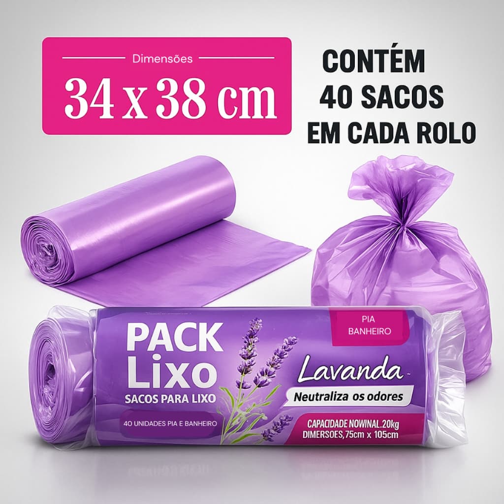 Saco de Lixo Perfumado Lavanda 40/80/120 Sacos Para Pia e Banheiro Neutraliza Odores Econômico Resistente
