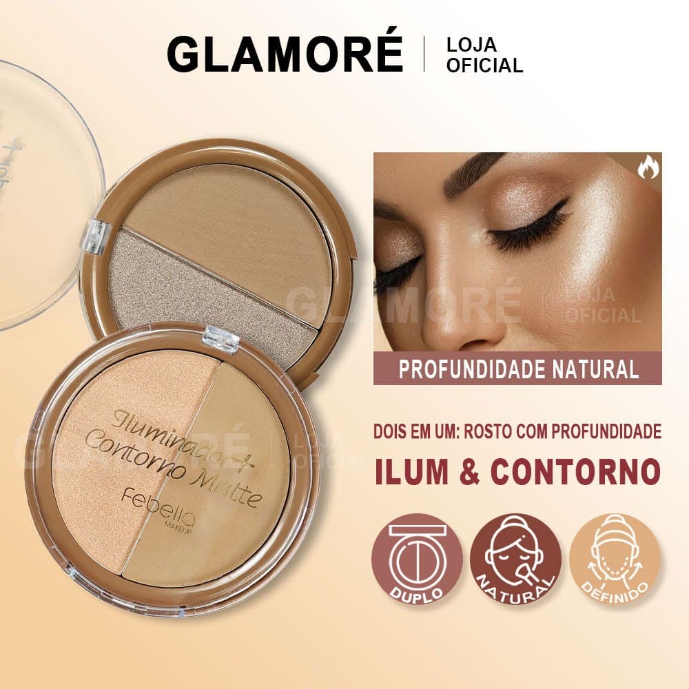 Iluminador + Contorno Matte Febella 💖 2 em 1 – Alta Pigmentação, Acabamento Natural e Longa Duração