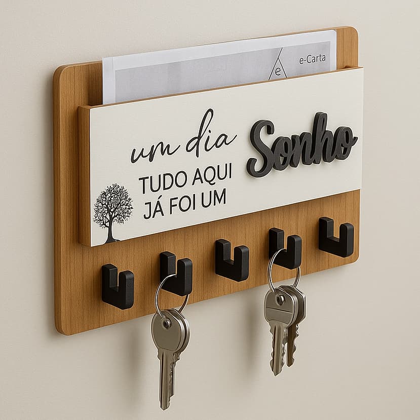 Porta Chaves Decorativo MDF para Parede com 5 Ganchos e Suporte para Cartas