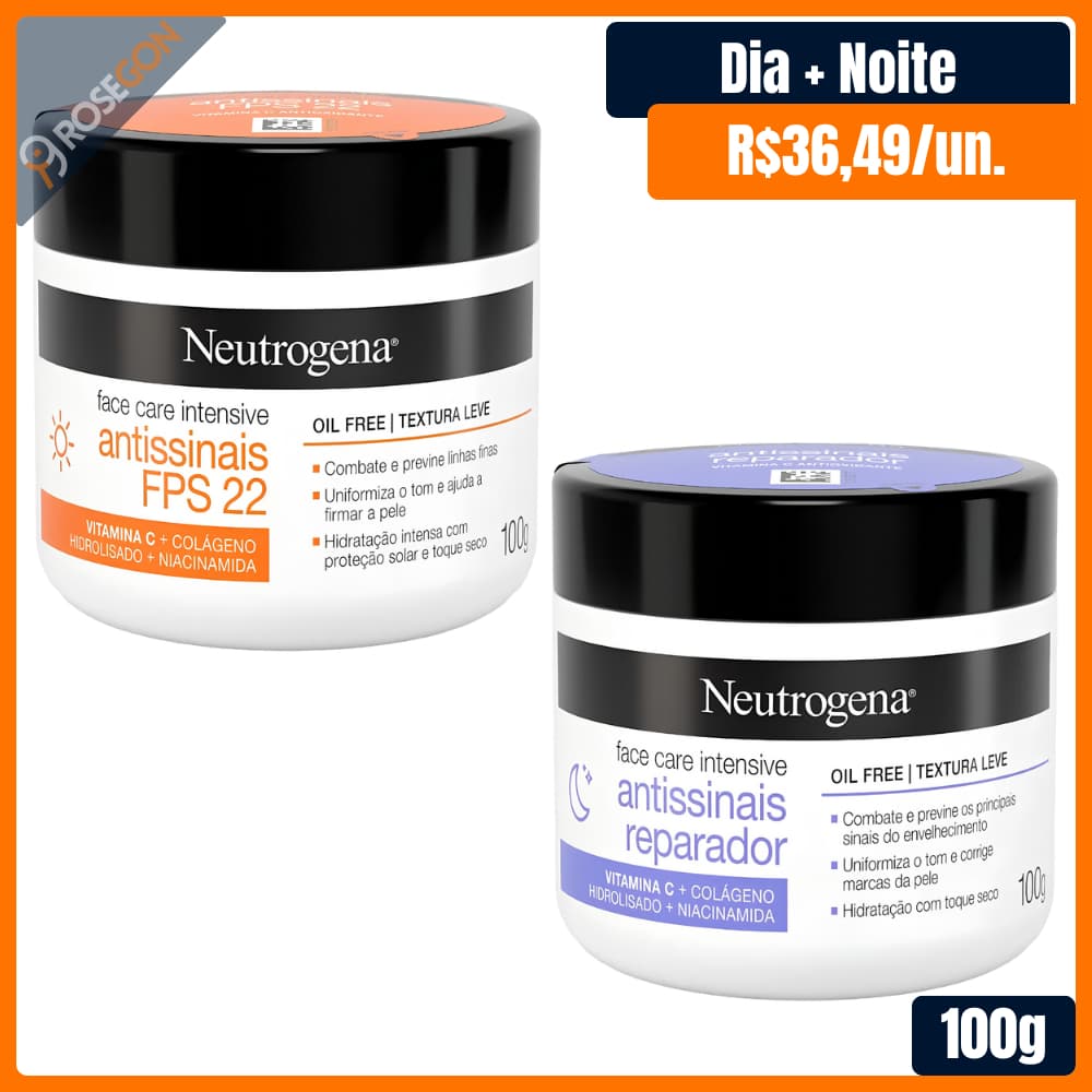 Kit Creme Facial Antissinais Neutrogena Face Care Intensive Dia FPS22 Niacinamida 100g + Neutrogena Noite Reparador 100g