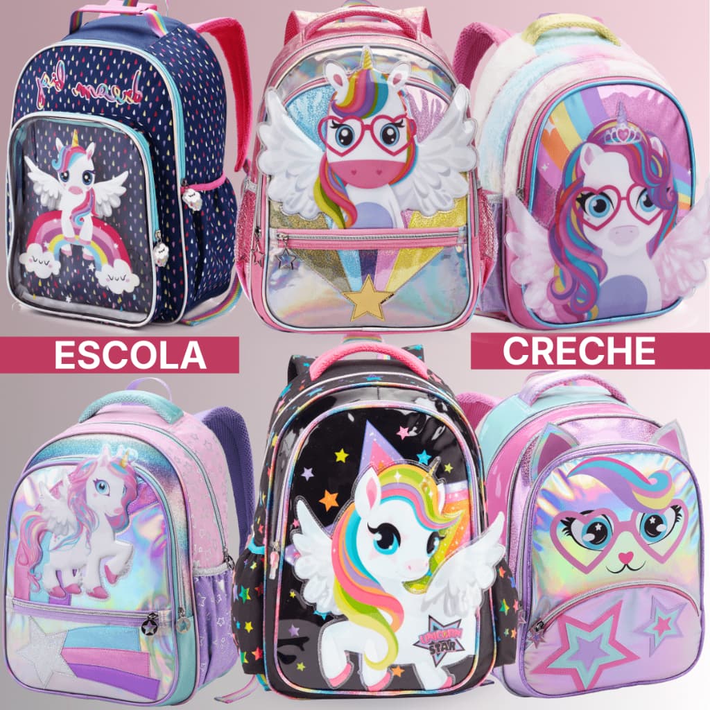 Mochila Escolar Infantil Costas Menina Unicornio Creche Escola Bolsa Feminina Criança Rosa Lilás Preta 3d Grande